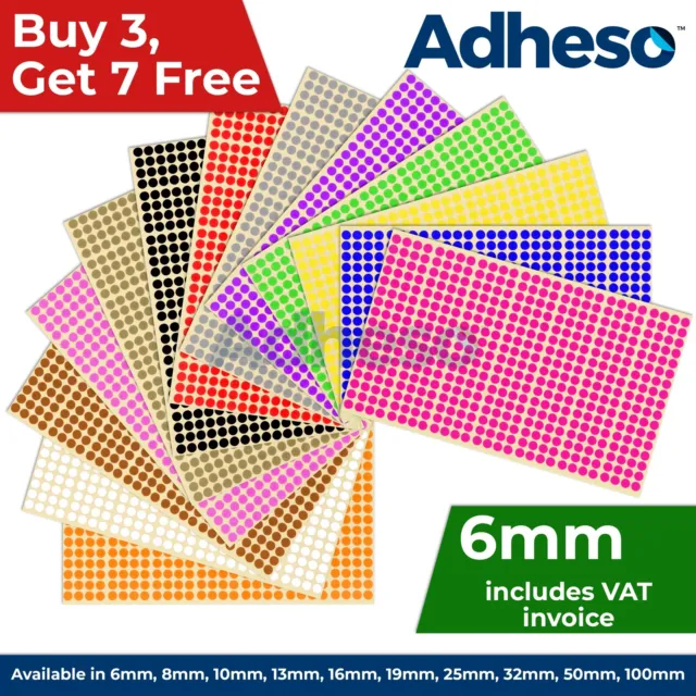 Adheso 6mm Coloured Dot Stickers Round Sticky Dots Adhesive Circles Labels