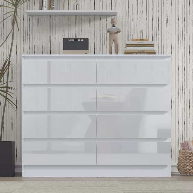 High Gloss White Chest of Drawers Storage Bedroom Furniture 8 Drawers Wooden