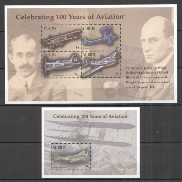 B0827 St. Kitts Transport Celebrating 100 Years Of Aviation 1Kb+1Bl Mnh