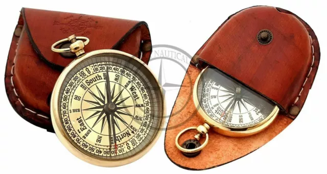 Maritime Pocket Compass Vintage Style Brass Compass with Leather Case Set of 20