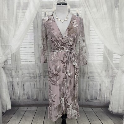 Kate & Lily Size 4 Mauve Purple 3/4 Sleeve Faux Wrap Dress Ruffle Belted B39