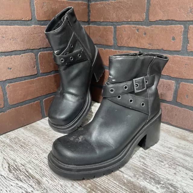 VINTAGE 90S Y2K Lower East Side Chunky Ankle Black Boots Buckles Size ...