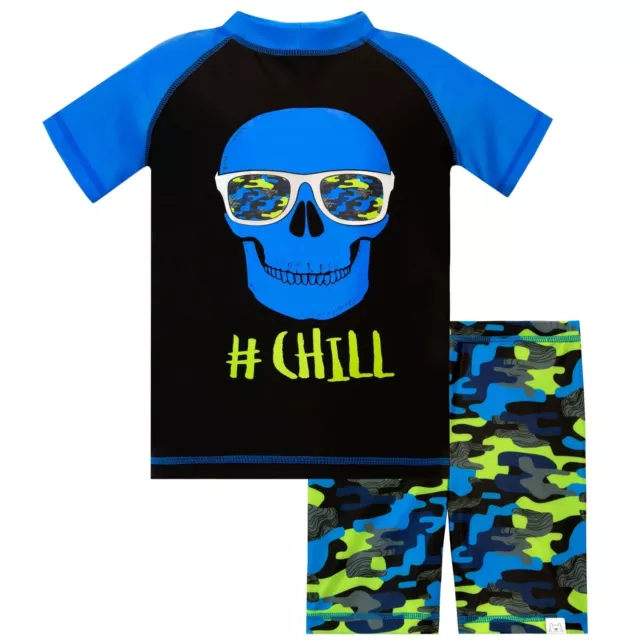 BOYS KIDS SKULL CHILL SURF SUIT SWIM SET SHORTS TOP SWIMMING Ages 3-10 Years