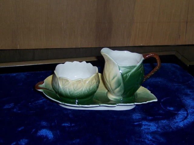 Royal Winton England Grimwades Creamer Open Sugar Bowl & Tray Yellow Green Leaf 3