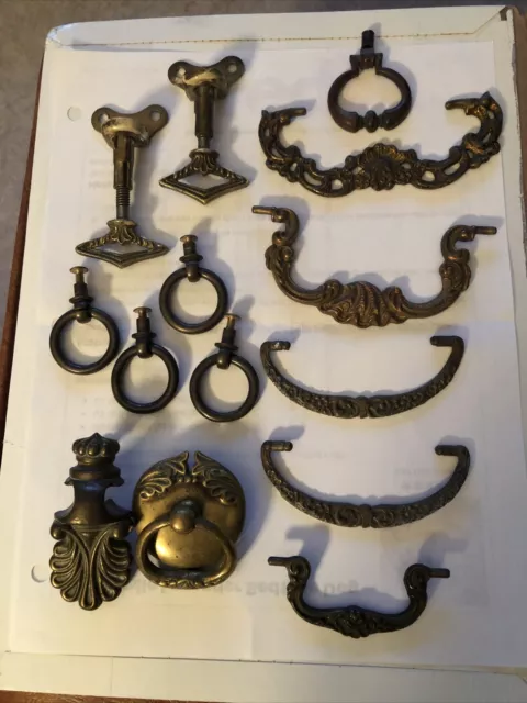 Lot Of 14 Knobs Drop Pulls Handles Large Mixed Of Various Vintage Sizes & Shapes