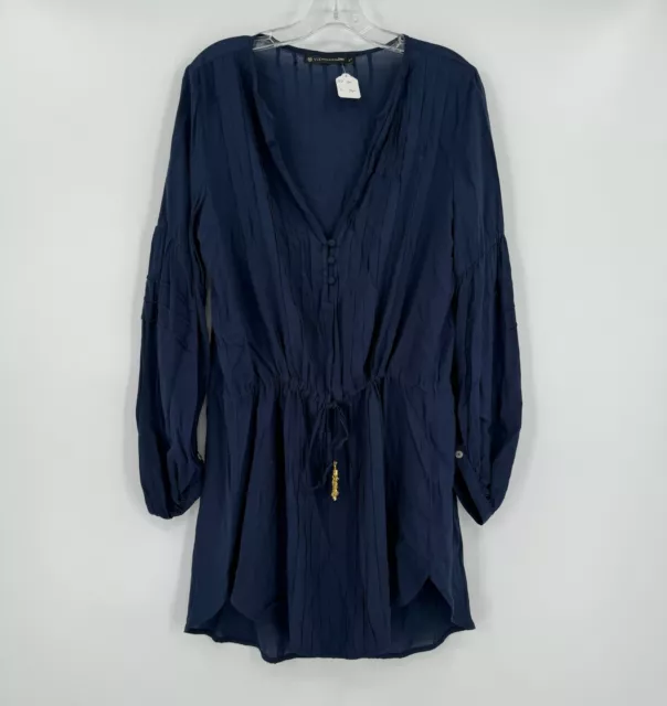 Vix Paula Hermanny Womens Blue Pleated Long Sleeve Tunic Coverup Sz M