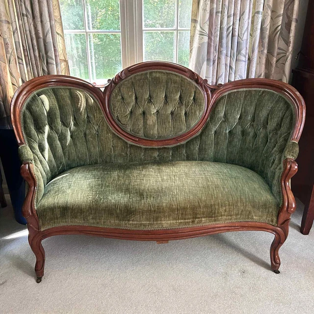 Vintage Victorian Green Tufted Velvet Sofa Settee