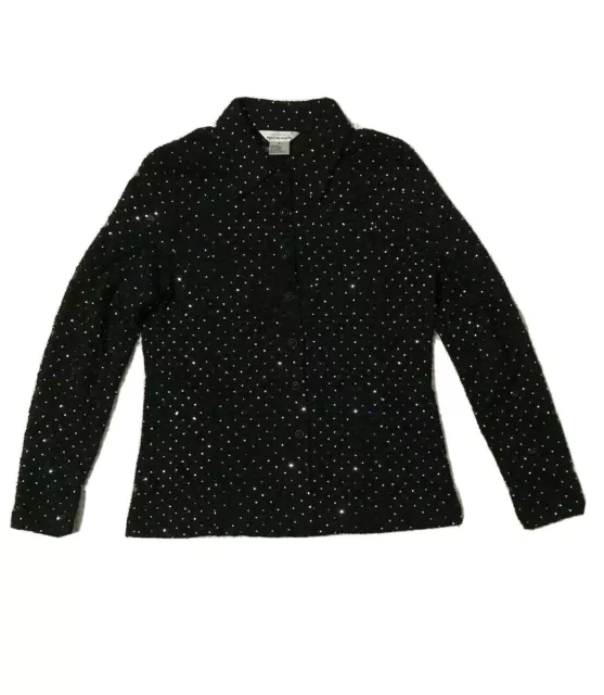 Exclusively Misook Women Top Blouse Button Up SMALL Black Sequence Lace Collar