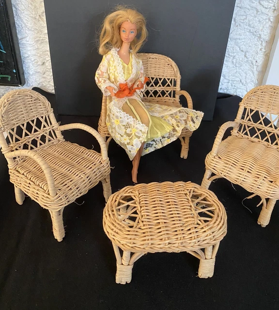 Ancien Salon Poupée Osier Rotin Fauteuil & Table Living En France 24716904