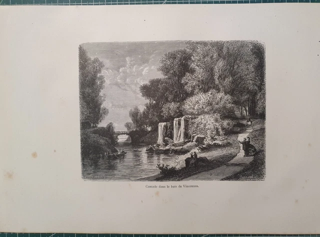original out-of-text engraving year 1881 (ref122) Paris waterfall Bois de Vincennes