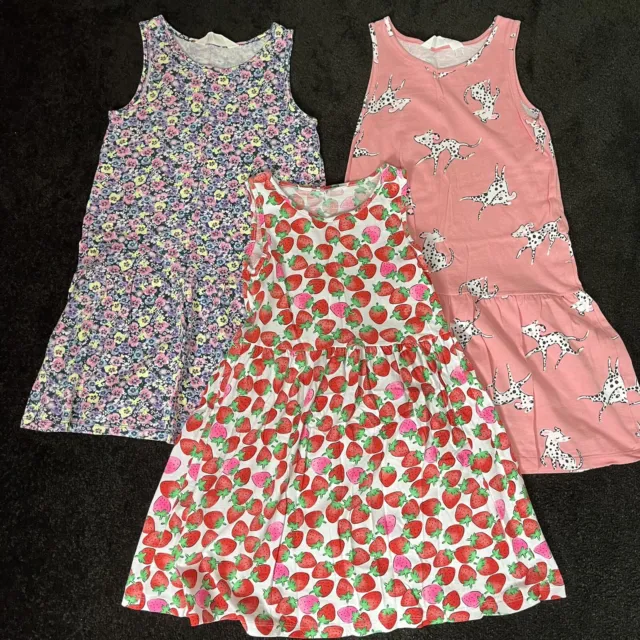 3 H&M Girls Patterned Jersey Summer Dresses Strawberry Dalmation Age 6-8 Years