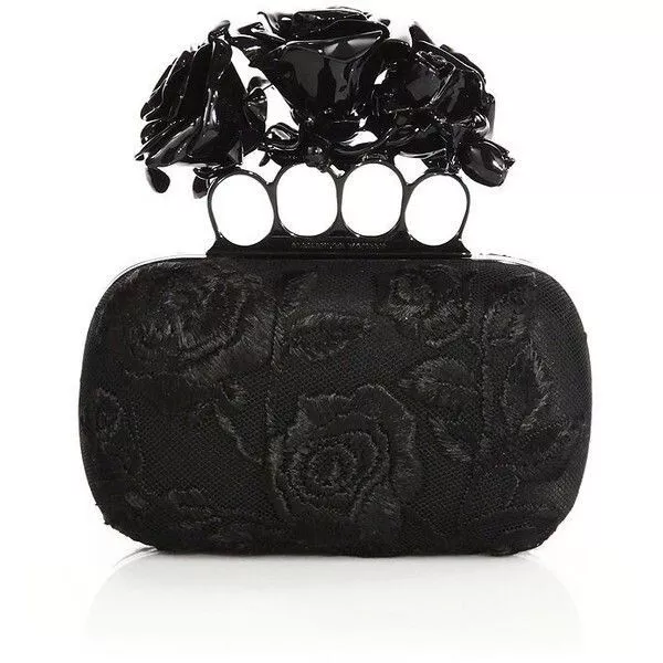 Alexander McQueen Rose-Embroidered Silk Knuckle Box Clutch Black Roses Handle