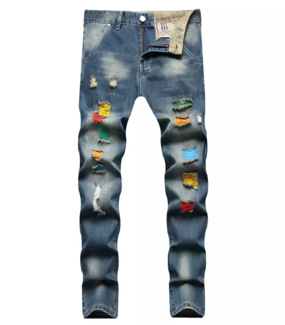 Men Distressed Frayed Slim Fit Biker Pants Stretch Ripped Skinny Jeans Trousers