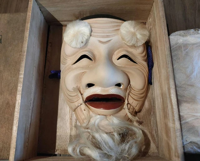 Noh Maschera Okina Vecchio Uomo Giapponese Vintage Antico Mano Ceramica Con Box