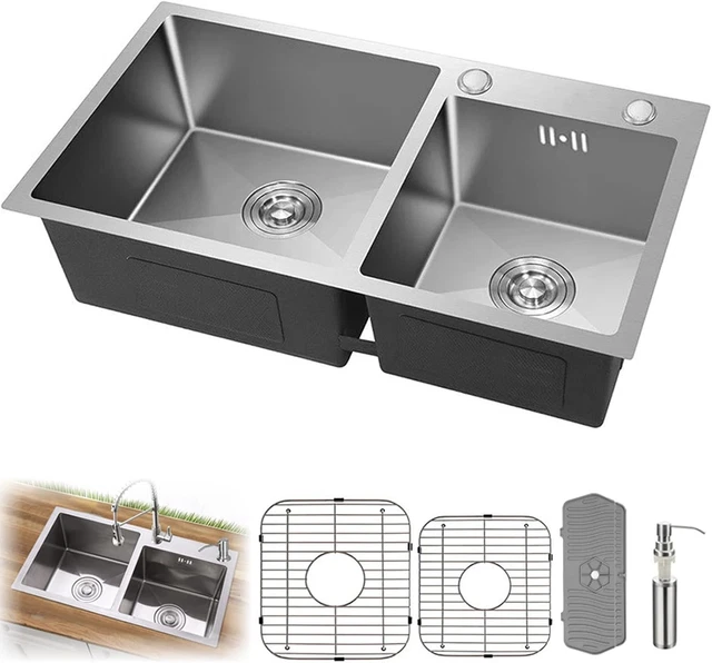 Double Bowl Kitchen Sink, Drop In 32.3 x 17.7 Stainless Steel Topmount Bar Sink