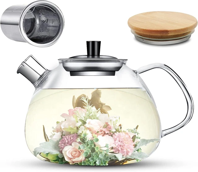 Glass Teapot, Glass Tea Kettle with Removable Infuser & Spout Filter, 1500Ml Sto