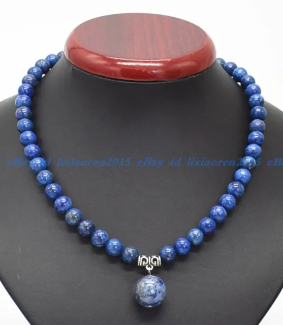 Real Natural 8mm Blue Lapis Lazuli Round Gemstone Beads Pendant Necklace 18''
