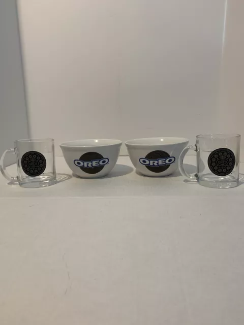 Oreo Cookie Ceramic Bowl Nabisco Houston Harvest Cereal Bowl & Clear Glass Mugs