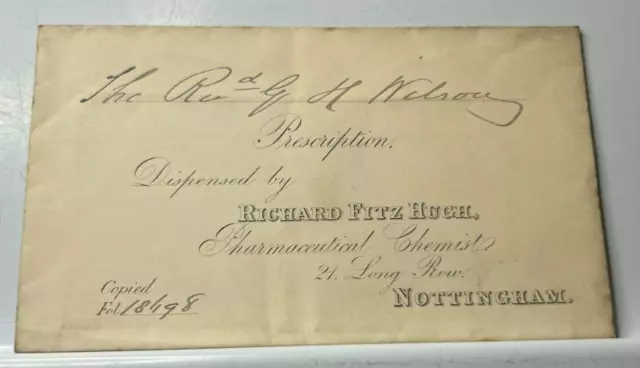 Antique Pharmacy Prescription Envelope Richard Fitz Hugh Long Row Nottingham