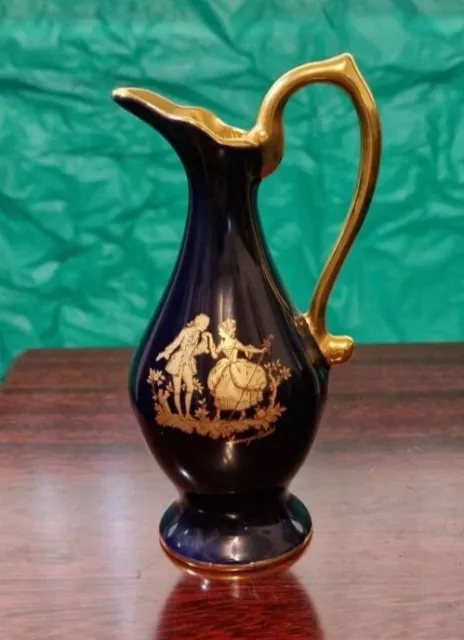 Vintage Limoges Castel France Small Jug Cobalt 22K Gold Courting Couple