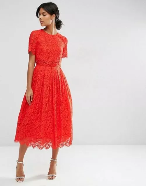 ASOS Prom Midi Short Sleeve Lace Red Dress Size S US 2