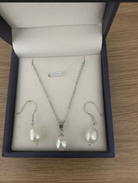 Real Pearl Silver Jewellery Set, Genuine Ivory Pearls Earrings & Necklace 7-9mm 2