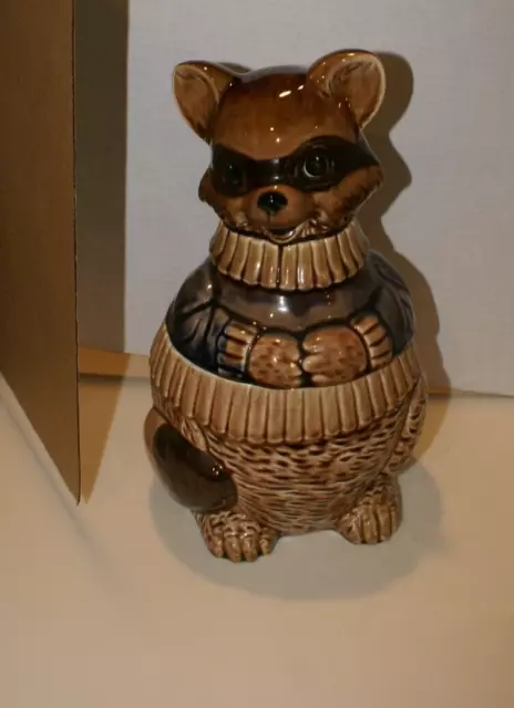 Vintage Ceramic Raccoon In A Sweater Cookie Jar, Made In Japan