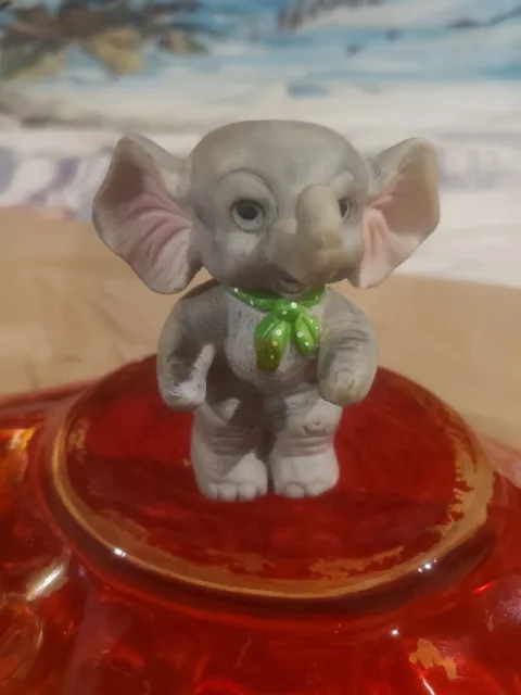Baby Elephant Figure "Trunk Up" Good Luck Gray/Pink Green Bandana Statue Ceramic