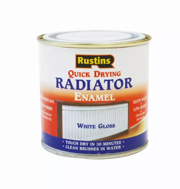 Rustins Quick Drying Radiator Paint, White/Black/Grey, Gloss/Satin, 250/500ml/1L