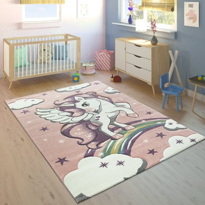 Tappeto da Gioco per Bambini Tappeto da Bambina Tappeto con Unicorno Arcobaleno Rosa Crema Grigio Größe 80 cm Rund 