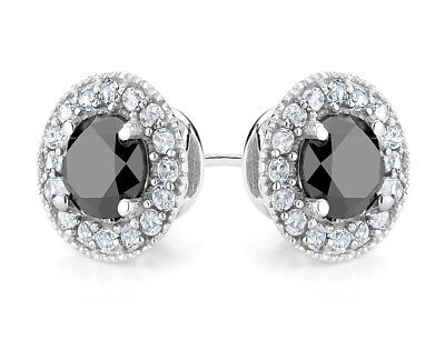 Black Diamond and White Topaz Halo Stud Earrings 1.5 ctw in Silver