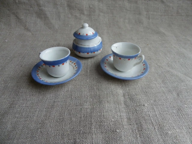 Petite Dinette Japonaise Ancienne – Porcelaine Bleu Cobalt – Pour Poupée Jumeau