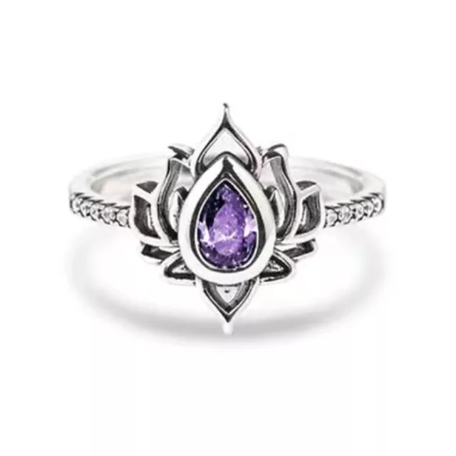 Exquisite Vintage Lotus Boho Crystal Water Drop Flower Ring for Women Wedding E 3