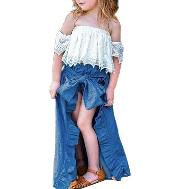Kids Girls Summer Casual Outfits Off the Shoulder Lace Tops + Jean Skirts Set US