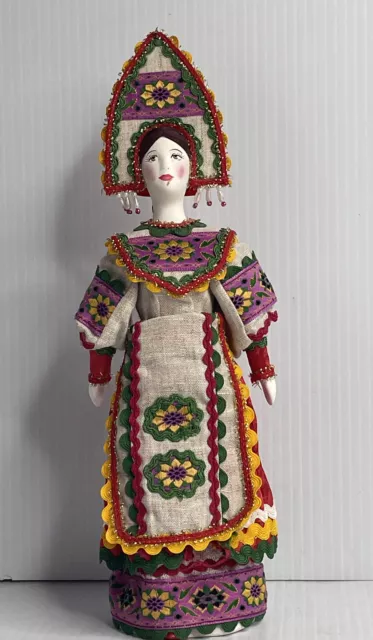 Vintage Russian Porcelain Doll 11” Handmade Folk Art Doll Painted Face Red/White
