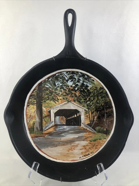 Wagner Ware Cast Iron #10 skillet 1060e Hand-Painted Covered Bridge Artist Stahr