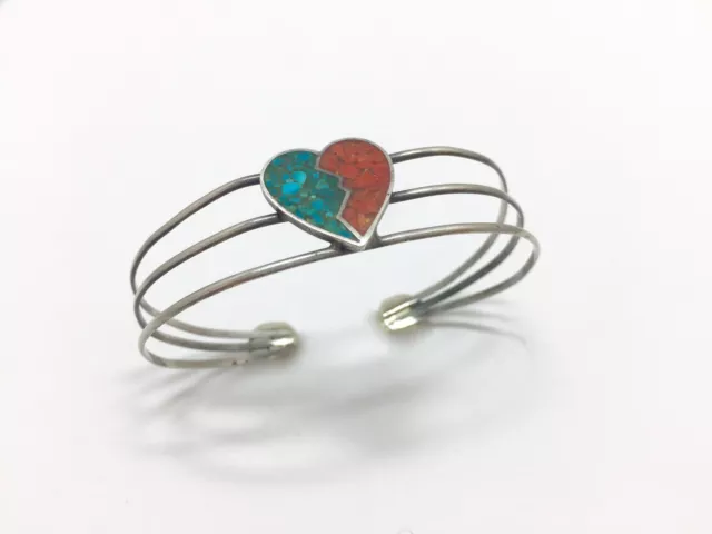 Southwest Turquoise & Coral Matrix Inlay Heart Cuff Bracelet Sterling Silver