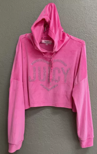 Juicy Couture Velour Crop Hoodie Size XL Pink Long Sleeve Embellished