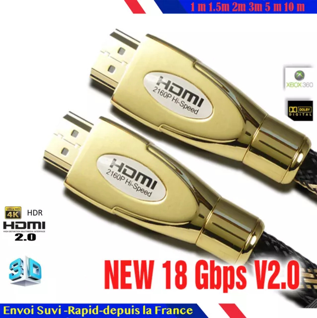 Câble HDMI full ultra HD v2.0 4K 2160p 3D coton nylon 1/1,5/2/3/5/10/15/20/30 m