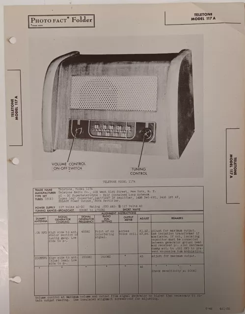 Photo Fact Data 1946 Teletone Model 117A Broadcast Radio.