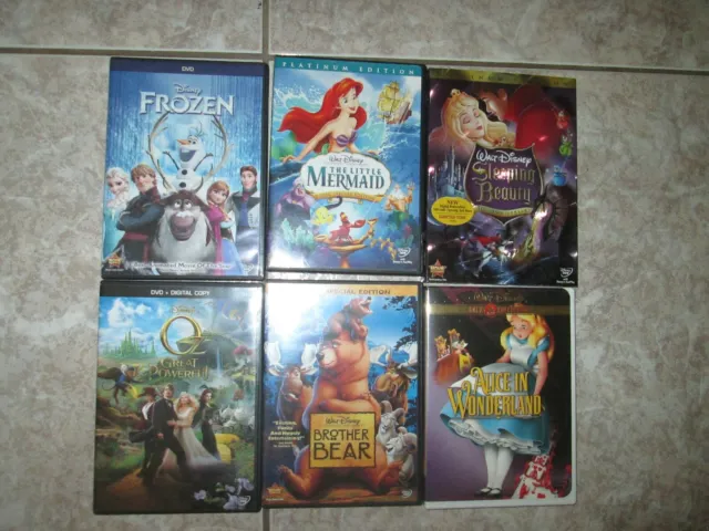 6 Disney DVD's - Mermaid Sleeping Beauty Frozen Alice Wonderland OZ Bro Bear