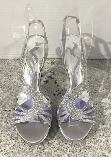 Nina Silver Sandals with Rhinestone Women's Wedding/Prom Heels Size 7 1/2 M