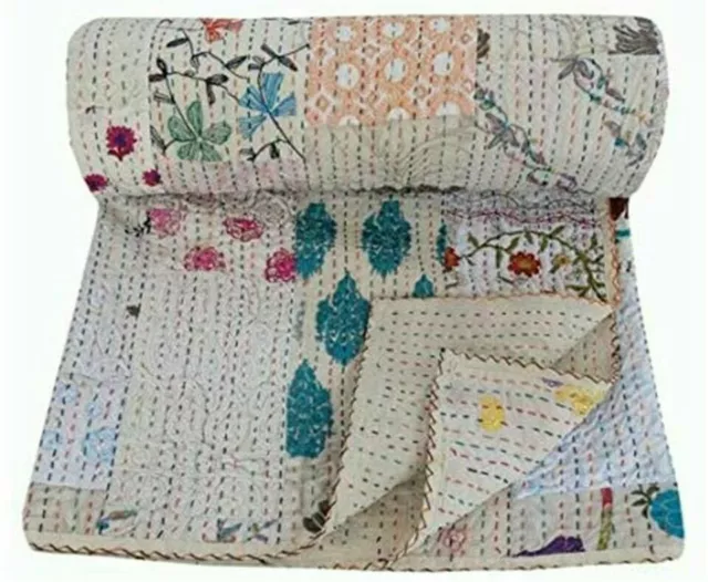 Handmade Beautiful Pink Khambadiya Patchwork Kantha Quilt Bohemian Throw Blanket