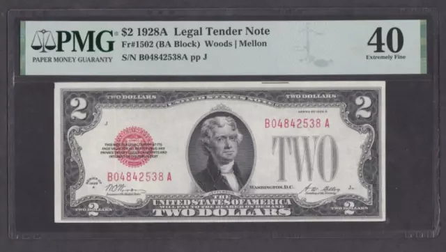[PMG-40] 1928-A Legal Tender Red Seal 2 Dollars Fr-1502 (BA Block) B04842538A