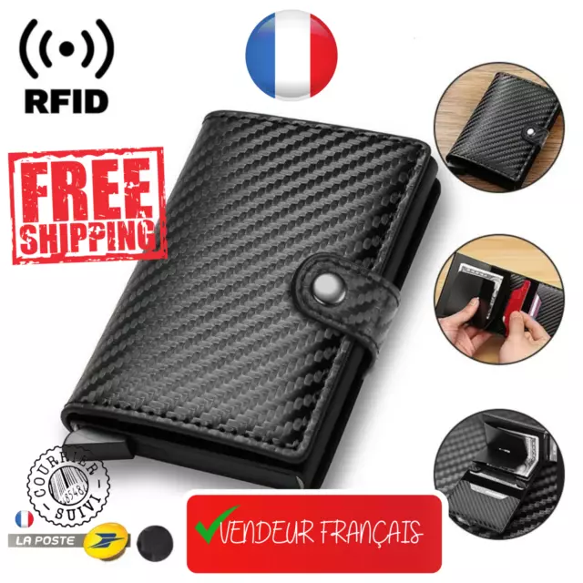 Portefeuille Homme porte carte de Credit Anti RFID Protection Cartes bleue pièce Identité Francaise permis Conduire Etui Cuir