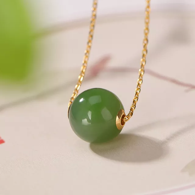 Good 18K Yellow Gold With Natural Green Jade Round Bead Pendant 0.39inch Hot
