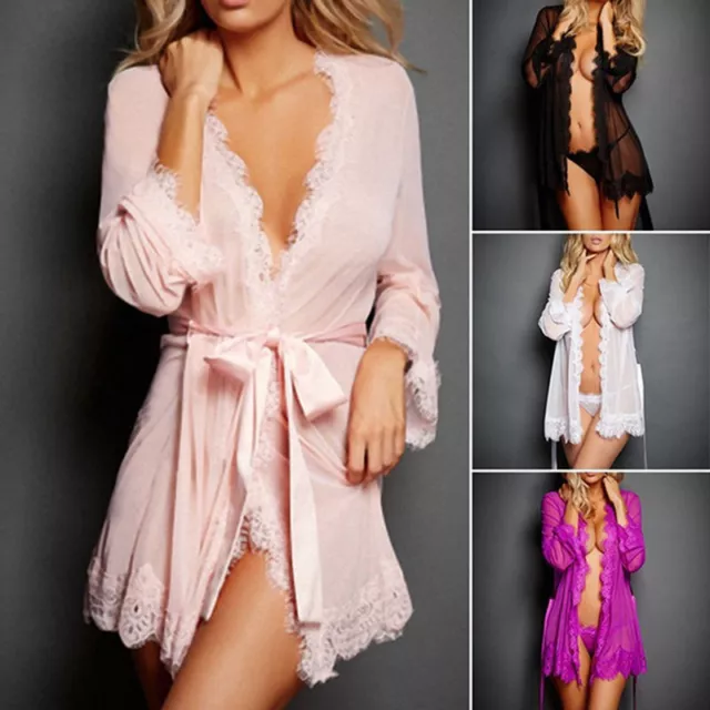 1Set Women Lace Sleepwear Robe Bathrobe Sexy Lingerie G-String Babydoll Gown:jv