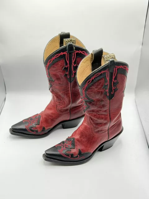 Justin L4304 Cowboy Western Boot Red Damiana Cowhide Black Wingtip Womens 6.5
