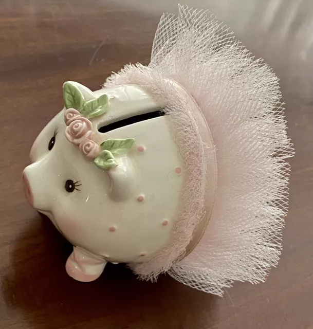 Mud Pie Ballerina Ceramic Spotted Piggy Bank with Flower & Pink Tutu