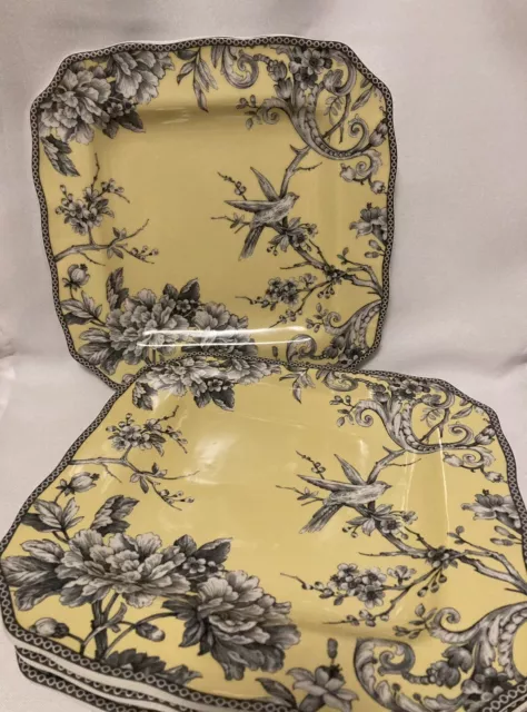 222 Fifth ADELAIDE Set of 4 Dinner Plates Yellow W/ Bird 11” Square Fine China